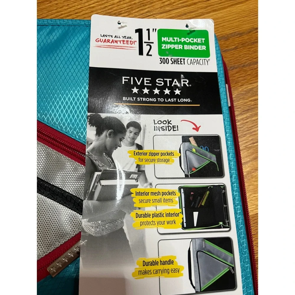 Mead Five Star Zipper Binder 1.5 Inch 300 Sheet Teal Silver Multi-Pocket New